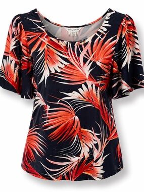 Tommy Bahama Tropical Blouse S Navy Coral Palm Leaf Flutter Sleeve Top
